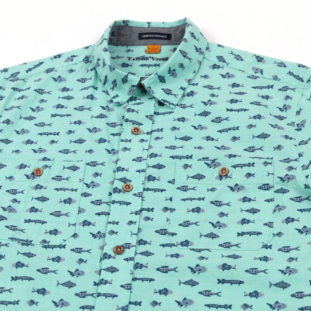Tailor Vintage Shirt Adult Large Blue 100% Fish Button Up Hawaiian Summer Mens‎